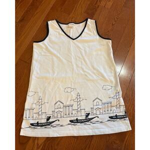 Vintage Beach Cabana Coverup Dress Large Coastal Nautical Cotton Sleeveless